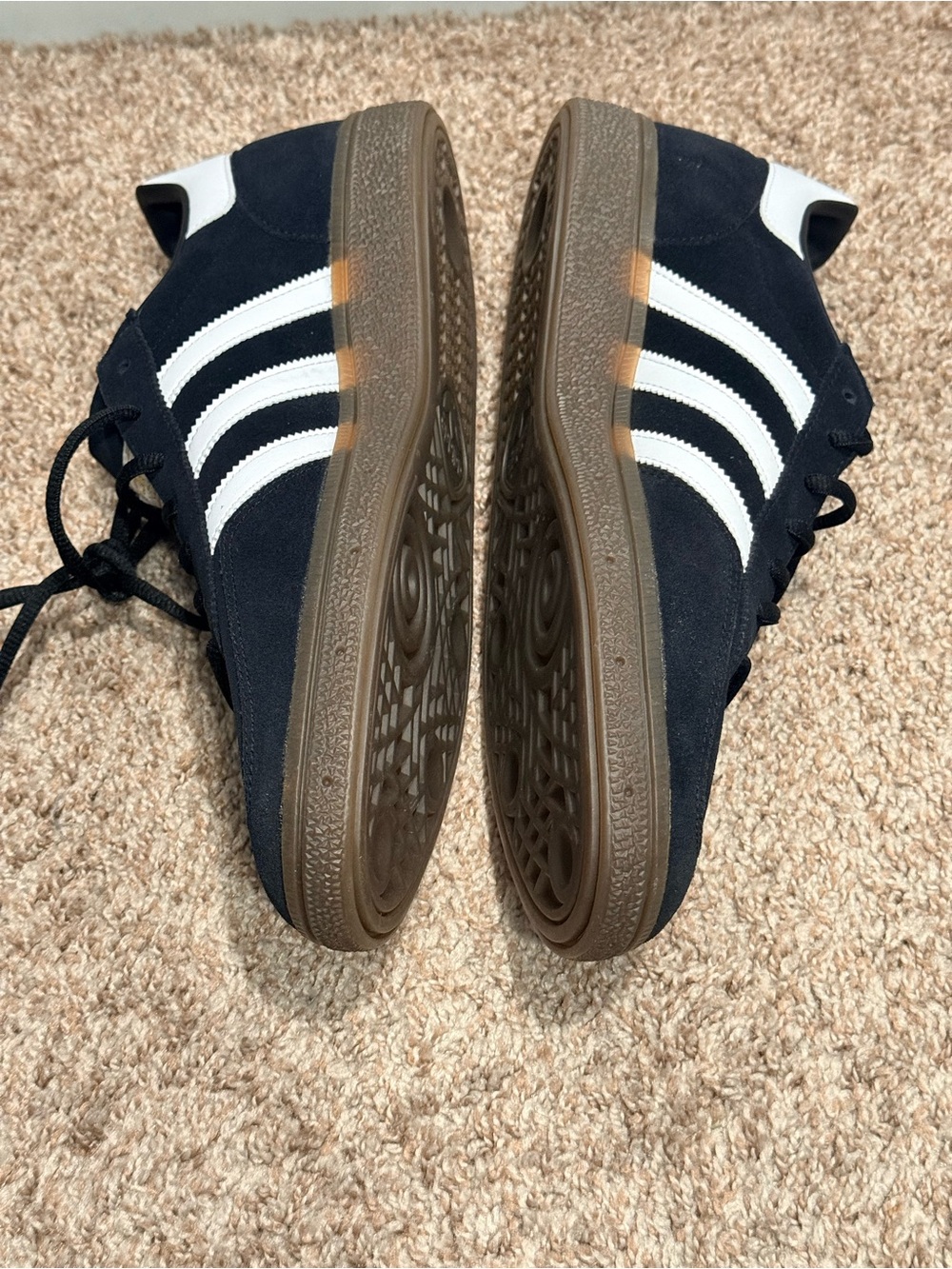 adidas Black Suede Sneakers with White Stripes and Gum Sole - Picture 2 of 6